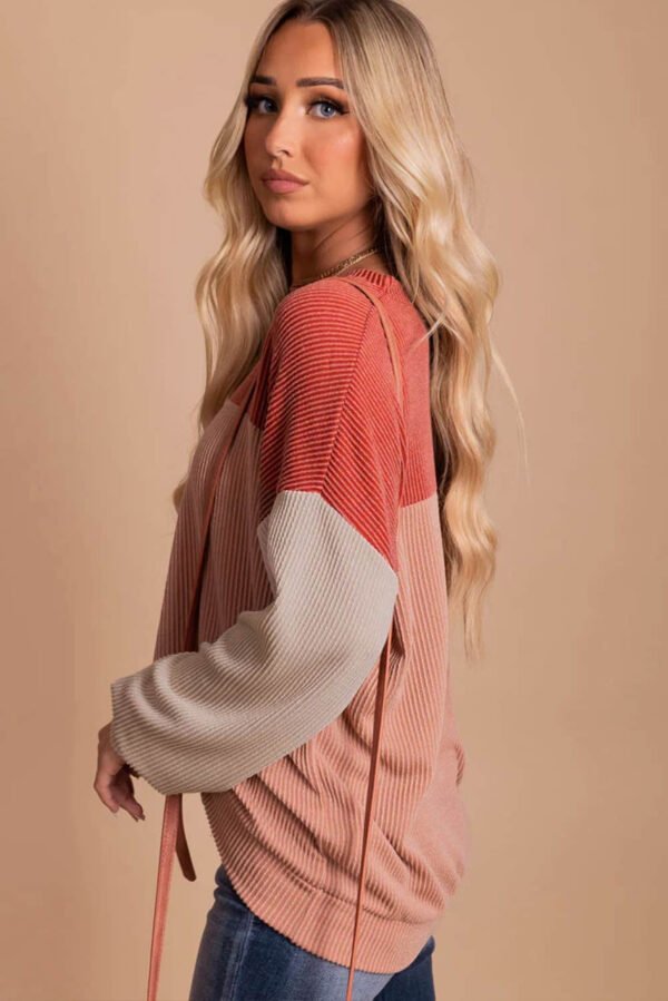 Red Color Block Long Sleeve Ribbed Loose Top