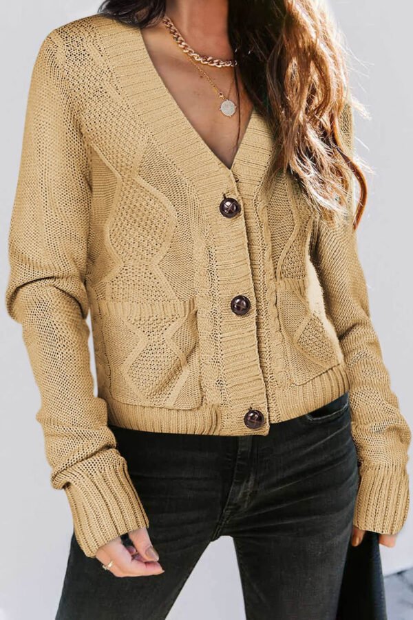 Beige Front Pockets Buttons Textured Cardigan