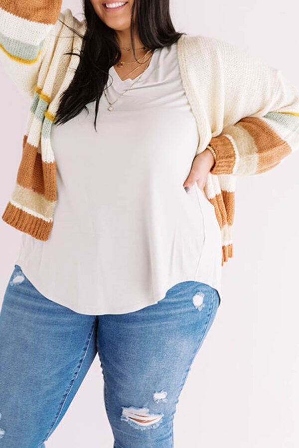 Beige Plus Size Striped Print Open Front Cardigan