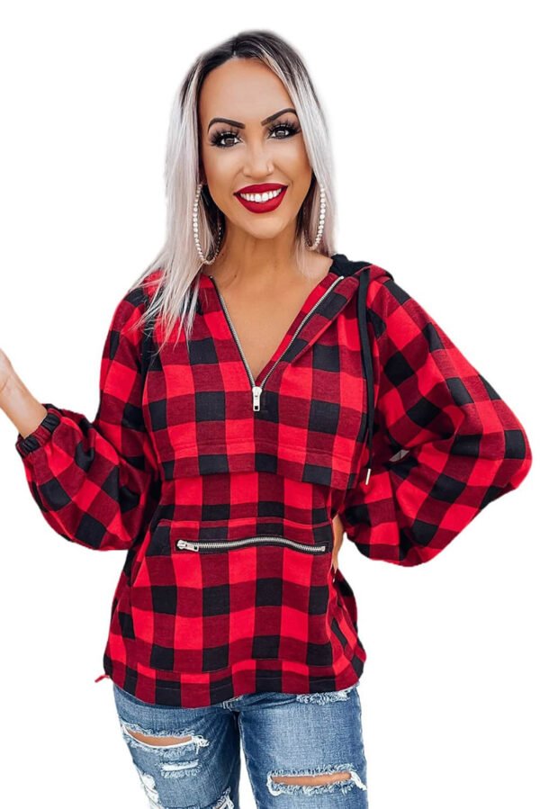 Red Buffalo Plaid Zipped Front Pocketed Hoodie