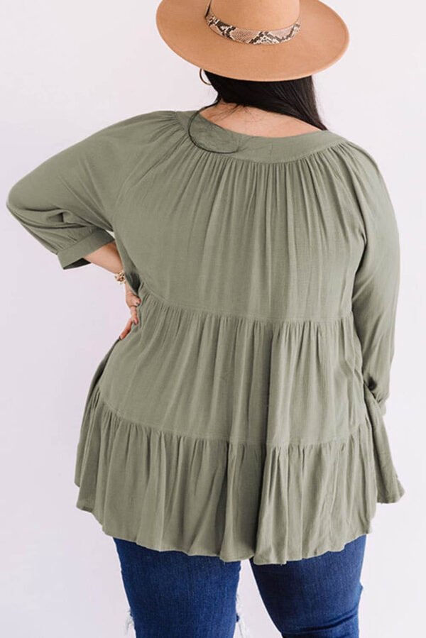 Green Plus Size Ruffle Tiered Split Neck Shirt