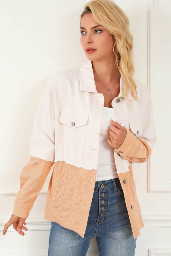 Khaki Two Toned Colorblock Cord Chambray Flap Pockets Jacket