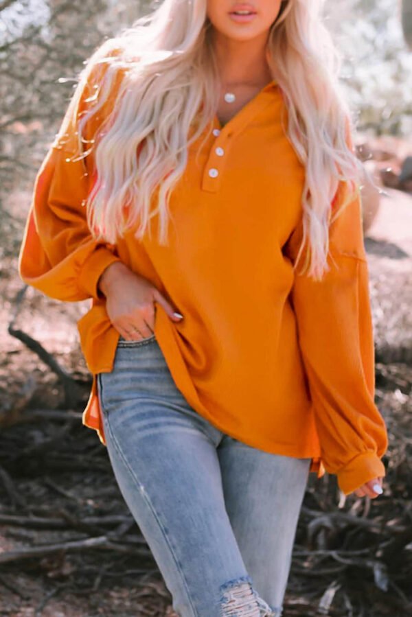 Orange Buttoned V Neck Drop Shoulder Waffle Knit Top