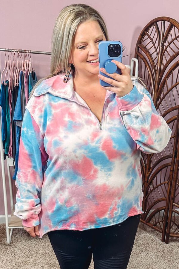 Multicolor Plus Size Tie-dye Zipped Collared Pullover Sweatshirt