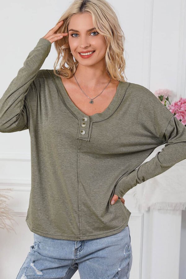 Khaki Long Sleeve V-Neck Stitching Henley Top