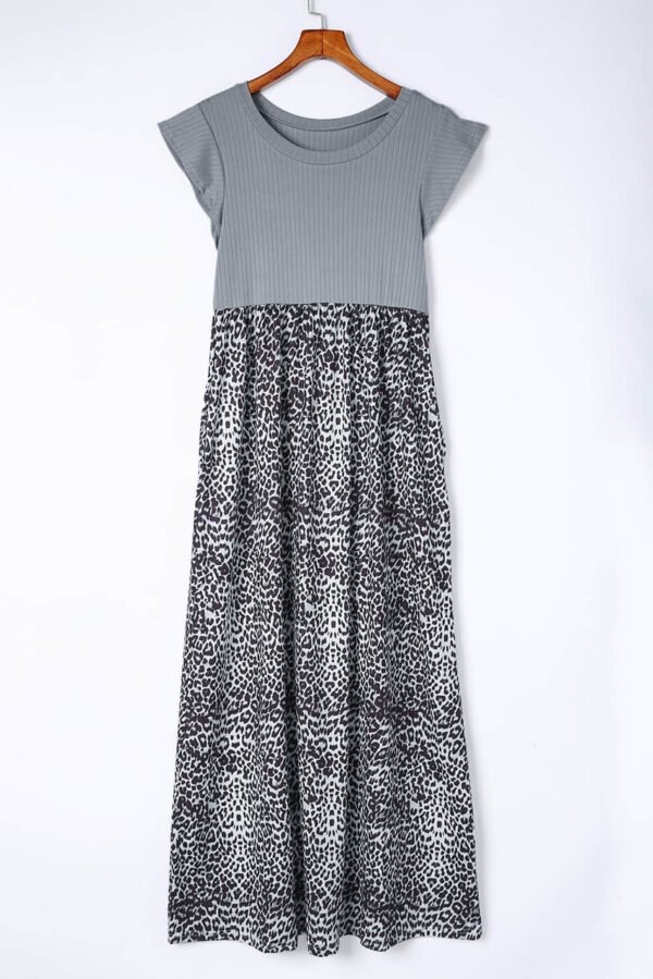 Gray Leopard Patchwork Ribbed Maxi Dress with Pockets