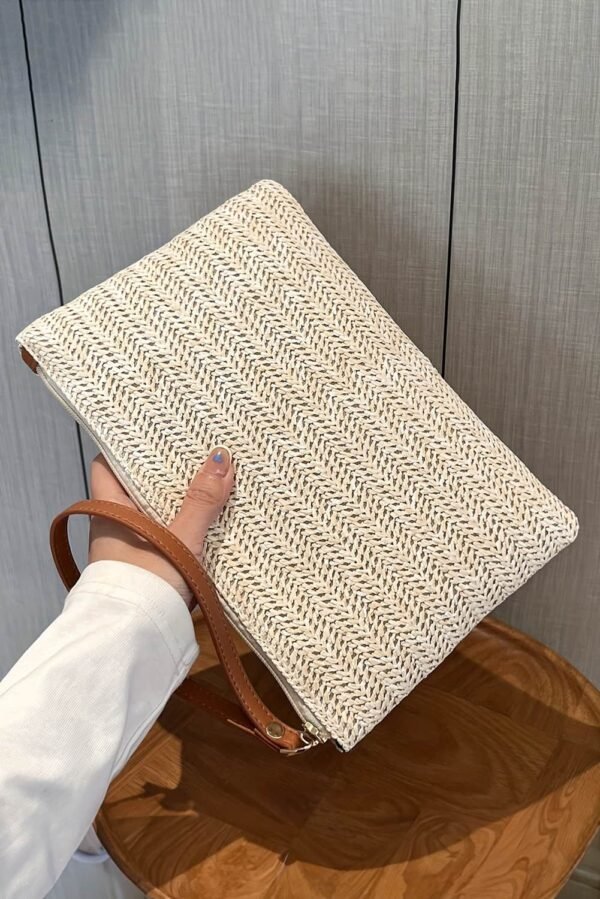 Oatmeal Straw Woven Wrist Strap Zipper Large Wallet