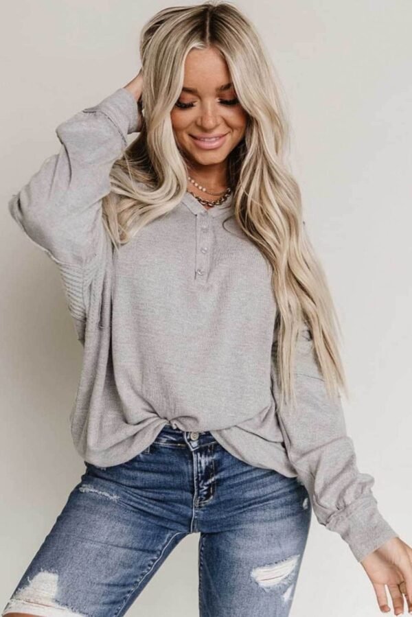 Gray Waffle Patchwork Dolman Sleeve Henley Top