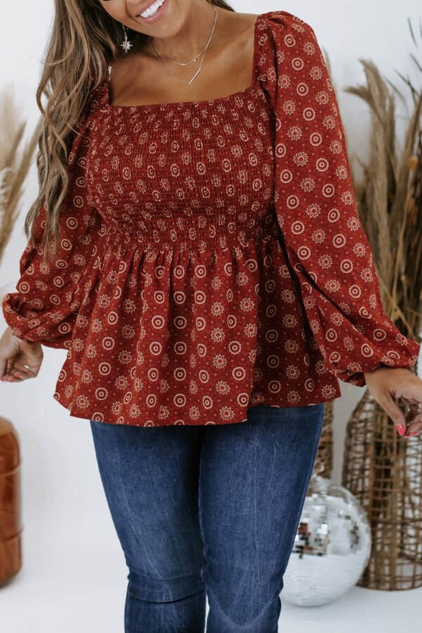 Plus Size Square Neck Printed Peplum Top