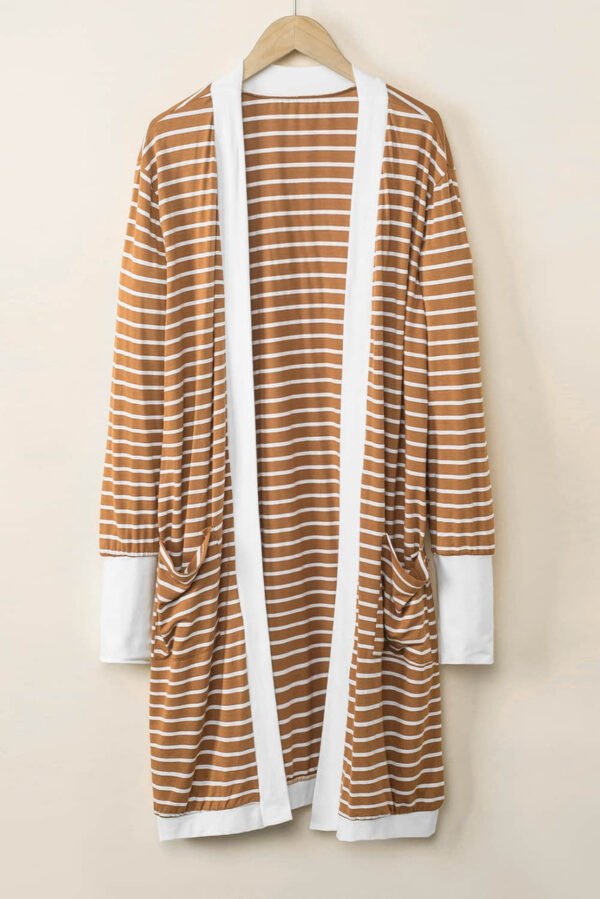 Brown Striped Side Pockets Open Front Cardigan