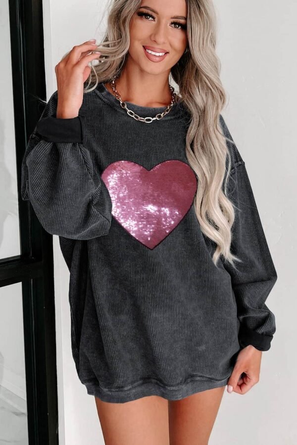 Black Sequin Heart Shaped Crewneck Corded Sweatshirt