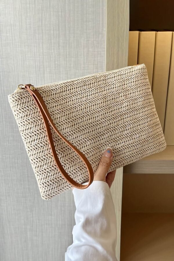 Oatmeal Straw Woven Wrist Strap Zipper Large Wallet