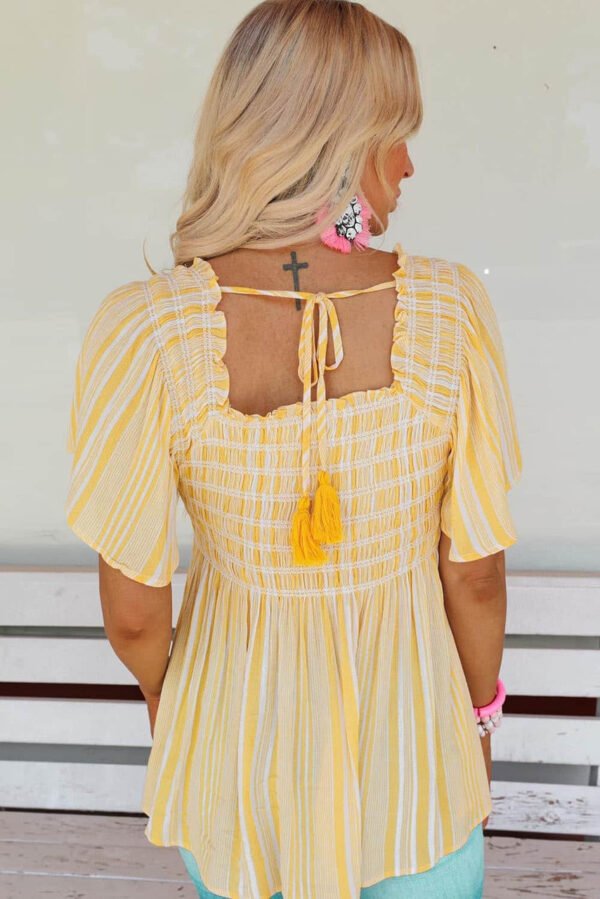 Yellow Striped Print Smocked Flowy Blouse