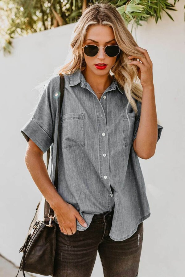 Turn-down Collar Short Sleeve Denim Shirt