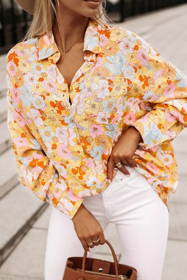 Yellow Floral Print Turn Down Collar Loose Shirt