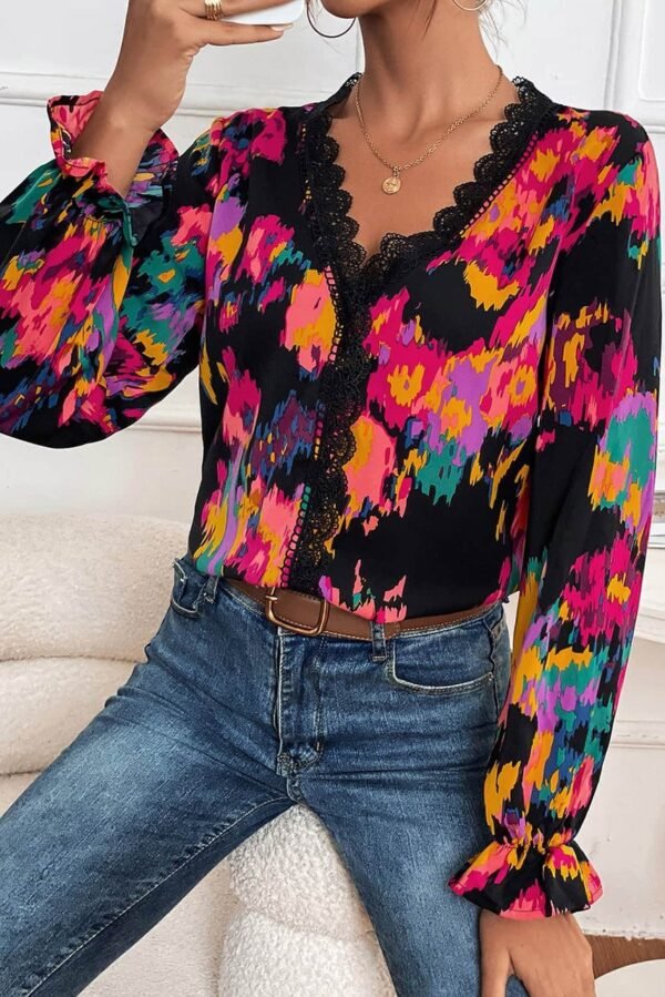 Black Abstract Printed Flounce Sleeve Lace V-Neck Blouse