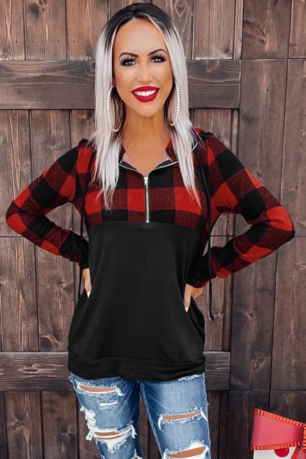 Black Contrast Buffalo Plaid Zip Pullover Hooded Top