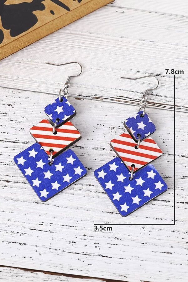 Dark Blue Geometric Wooden Star Stripe Flag Dangle Earrings