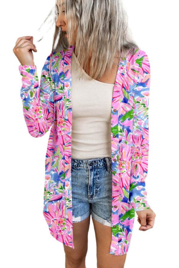 Pink Flower Print Long Sleeve Button Up Cardigan