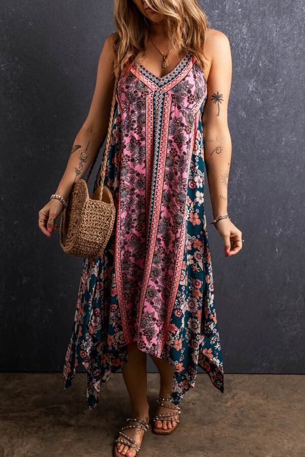 Pink Bohemian Floral Patchwork Print Long Sundress
