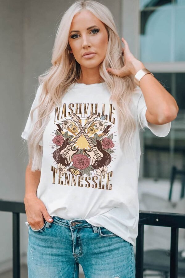 White Nashville Tennessee Guitar Rose Graphic Crewneck Tee