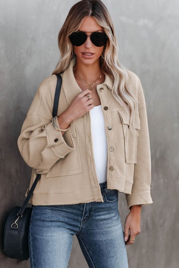 Khaki Waffle Knit Buttons Cropped Jacket with Pockets