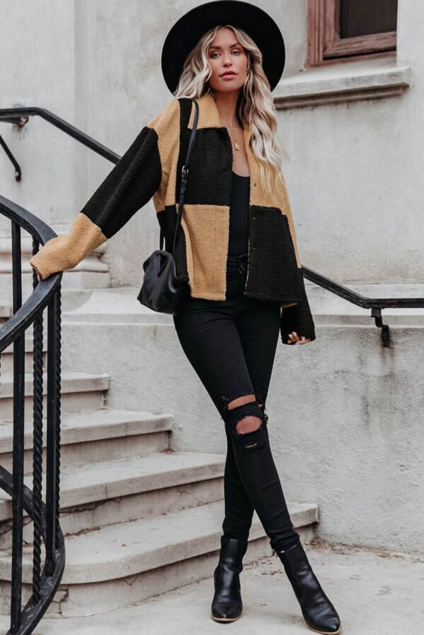 Black Colorblock Checkered Sherpa Jacket