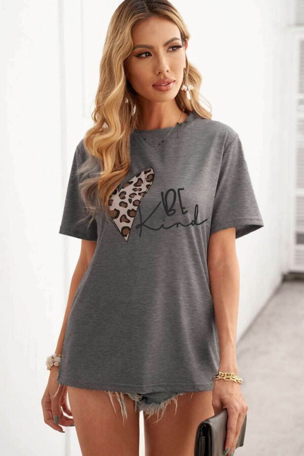 Be Kind Leopard Heart Shape Print Short Sleeve T-shirt