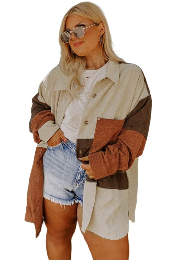 Brown Corduroy Colorblock Pocket Plus Size Jacket