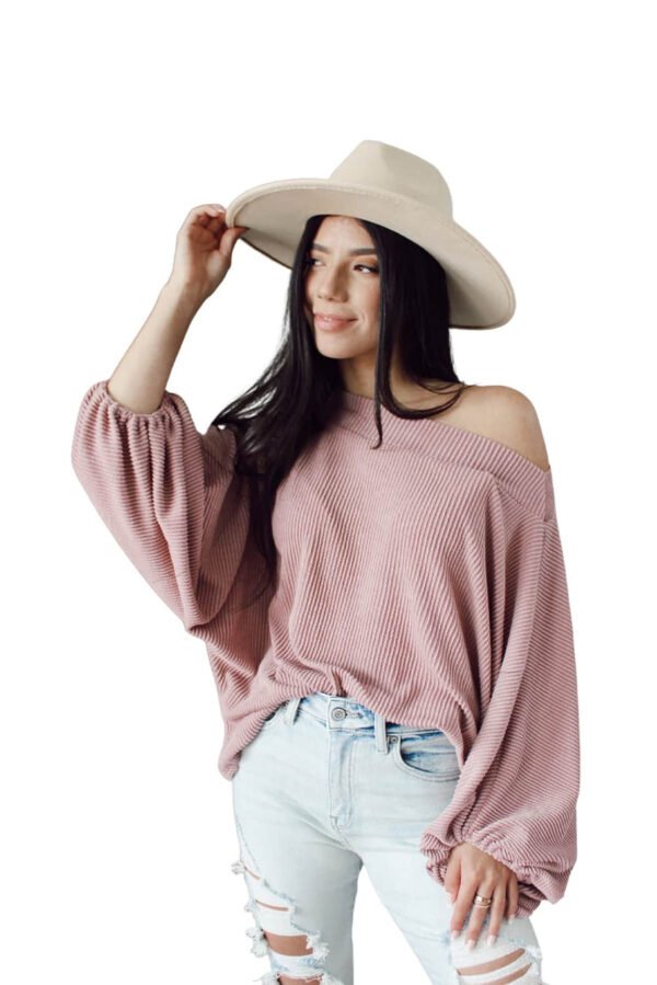 Pink One-Shoulder Balloon Sleeve Ribbed Blouse