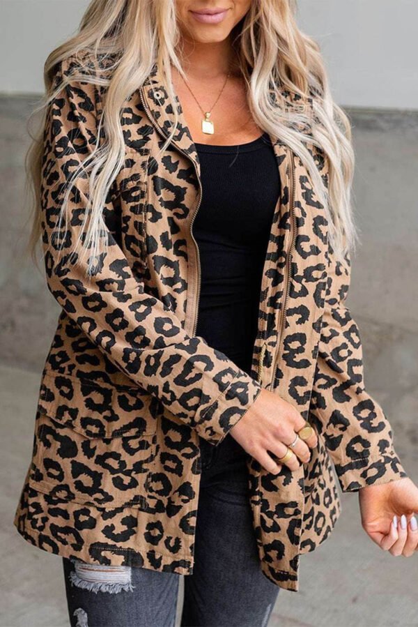 Brown Lapel Collar Zipper Drawstring Leopard Coat