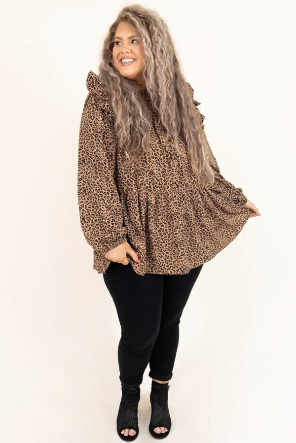 Leopard Frilled Shoulder Decor Plus Size Babydoll Top