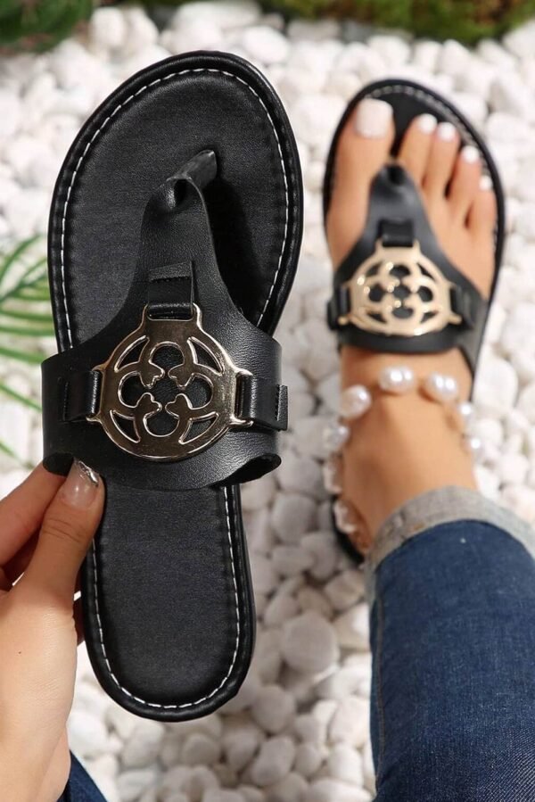 Black Metal DÃ©cor Leather Thong Slippers