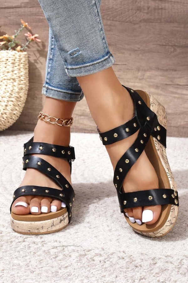 Black Rivet Hollow Out Leather Wedge Sandals