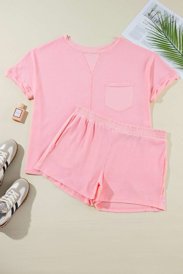 Pink Plus Size Ribbed Exposed Seam Tee and Shorts Set