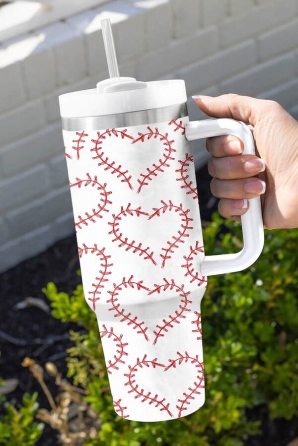 White Heart-shaped Baseball Stainless Thermos Cup with Handle