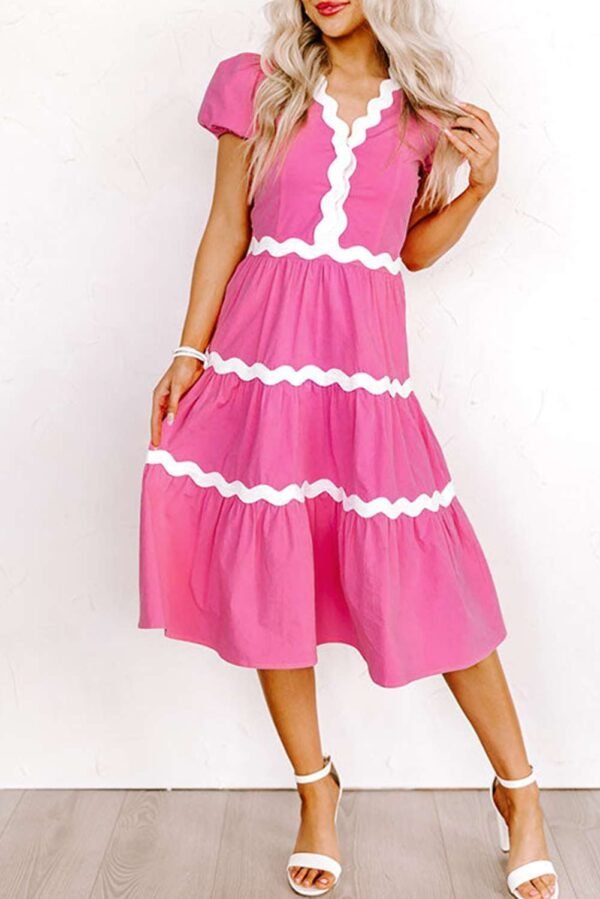 Bonbon Ric Rac Trim Short Puff Sleeve Flowy Midi Dress