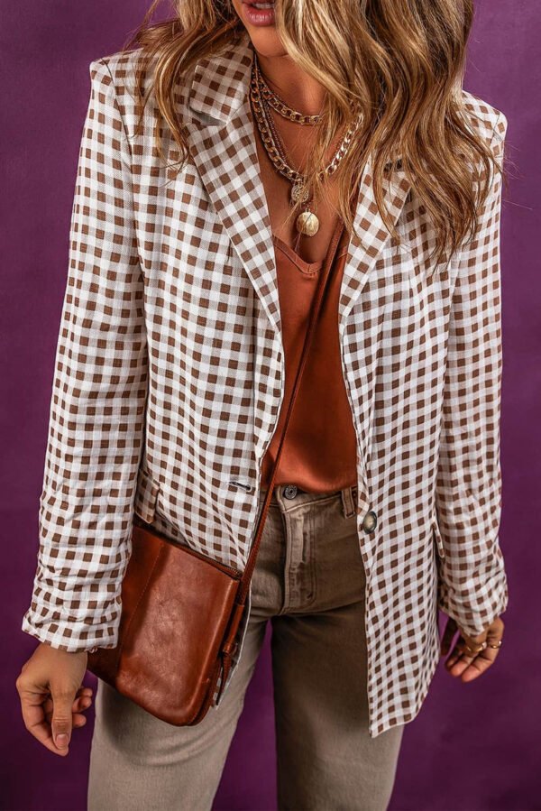 Chestnut Check Print Single Button Lapel Collar Blazer