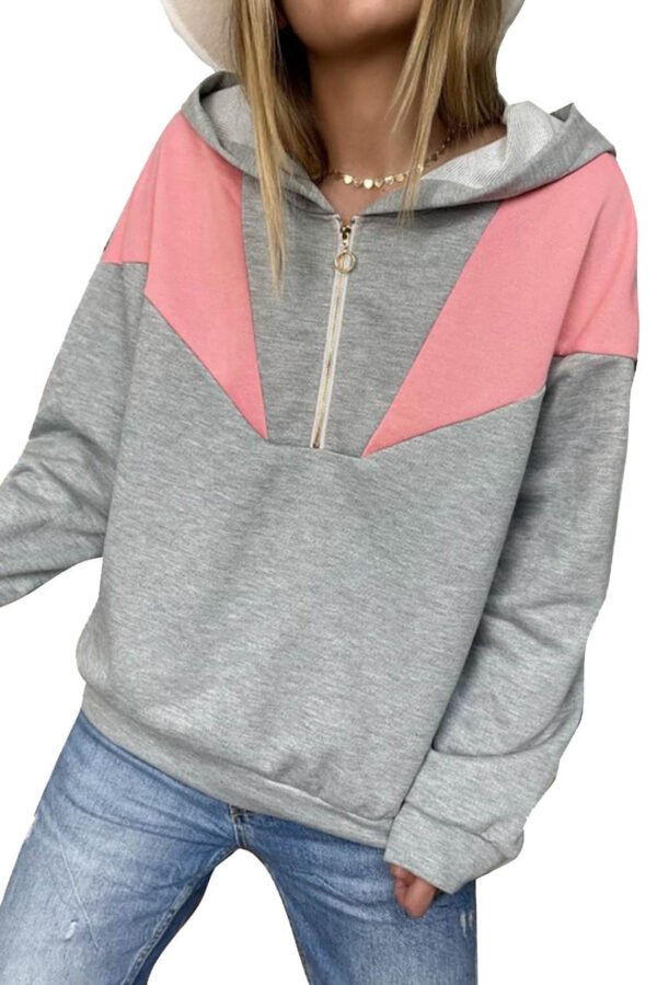 Gray Zip Front Colorblock Pullover Hoodie