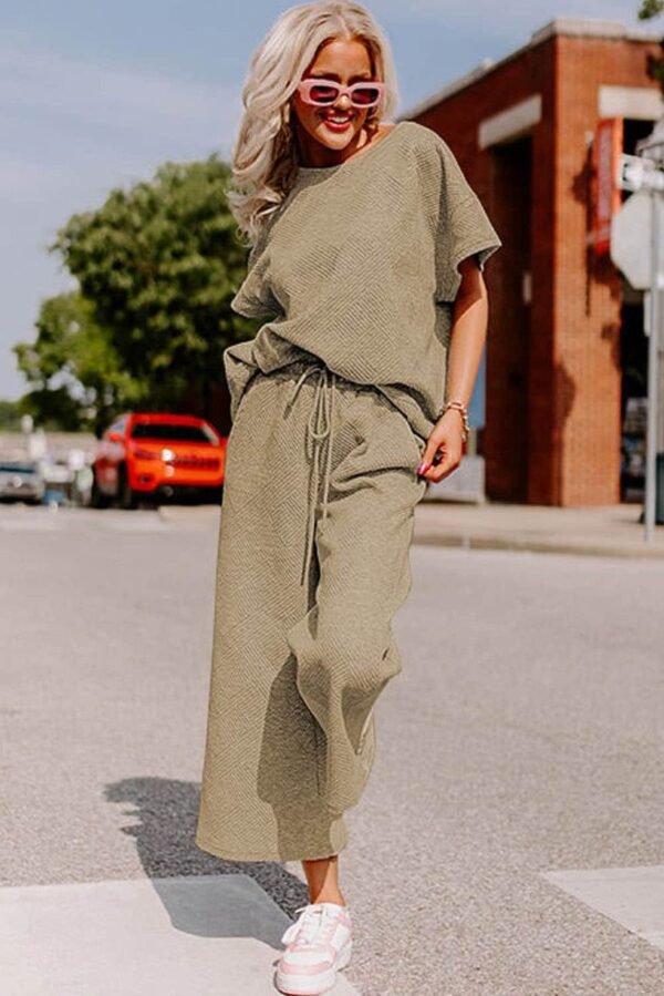 Apricot khaki Textured Loose Fit T Shirt and Drawstring Pants Set