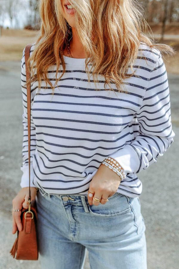 Striped Print Ribbed Trim Long Sleeve Top