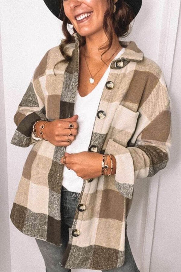 Khaki Plaid Color Block Buttoned Long Sleeve Jacket with Pocket