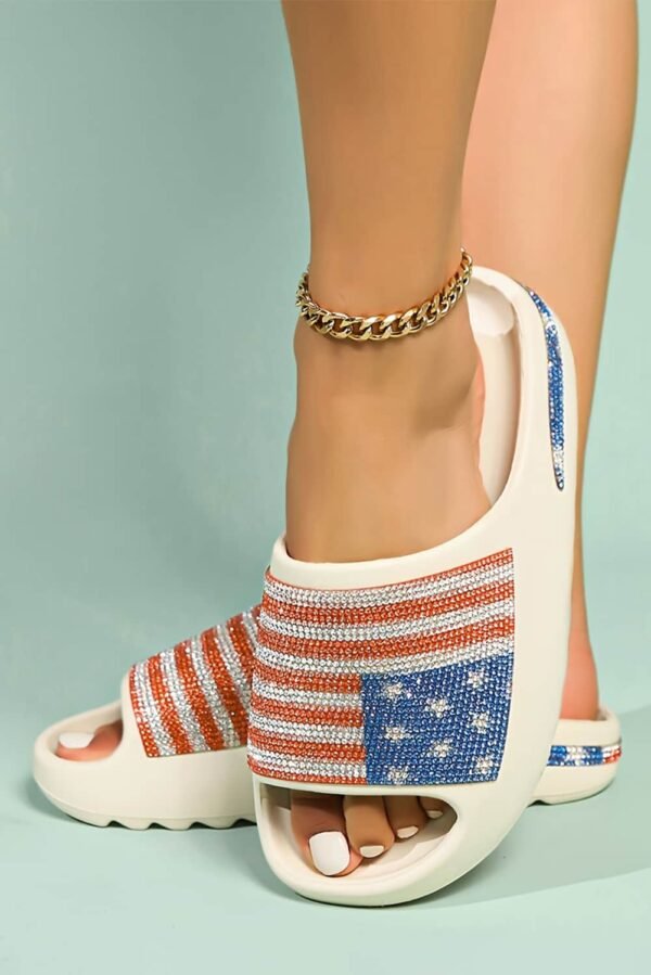 White Rhinestone American Flag Thick Sole Slippers