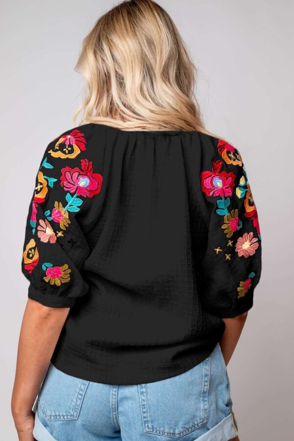 Black Floral Embroidered Ricrac Puff Sleeve Textured Blouse