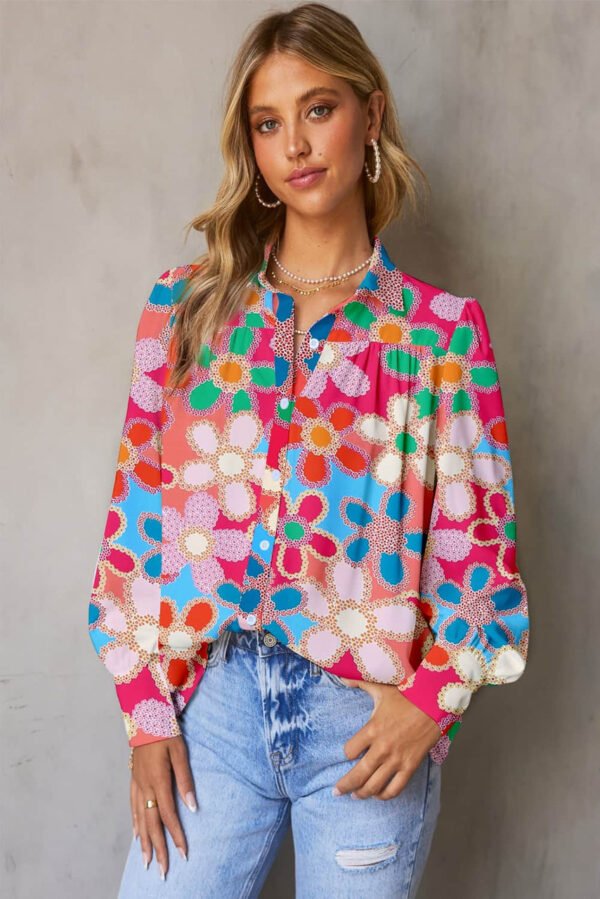 Multicolor Floral Print Bubble Sleeve Shirt