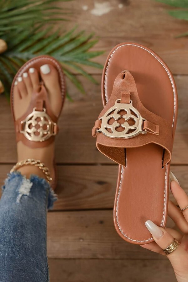 Chestnut Metal DÃ©cor Leather Thong Slippers