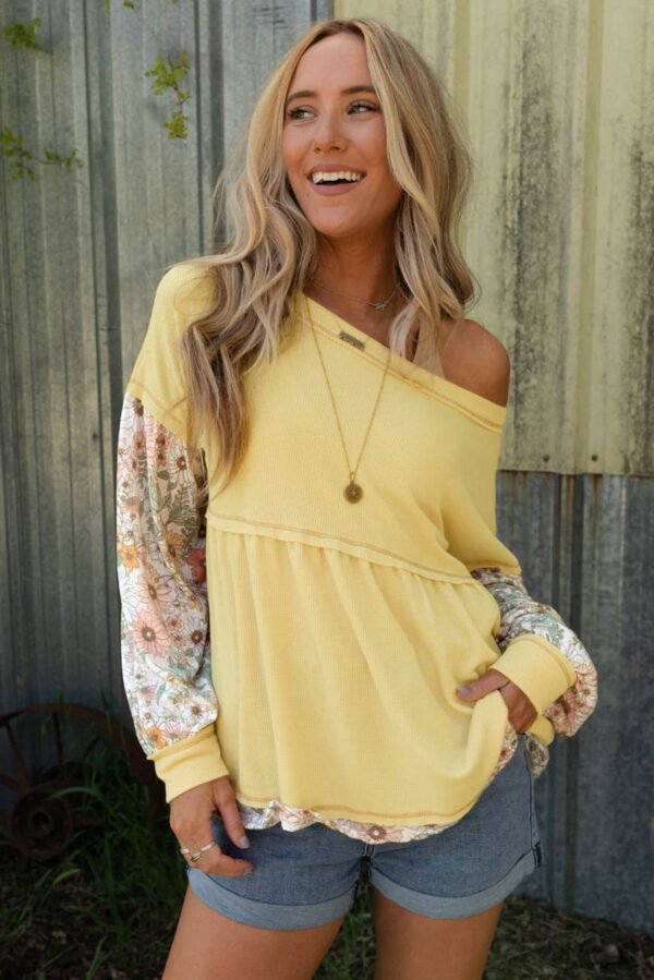 Yellow Floral Patchwork Waffle Knit Babydoll Blouse