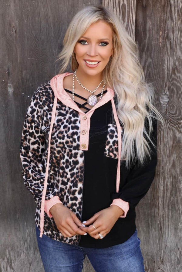 Black Leopard Patchwork Buttoned Hooded Sweatshirt