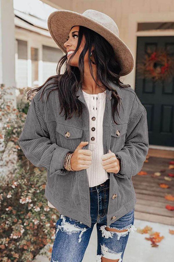 Gray Ribbed Corduroy Long Sleeve Jacket with Pocket