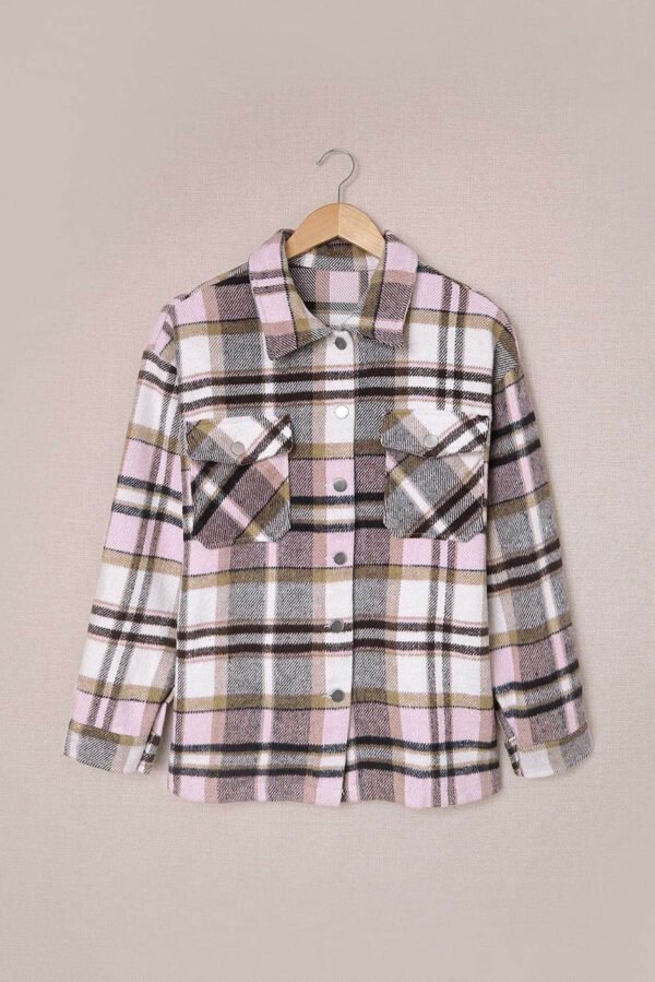 Pink Geometric Plaid Print Pocketed Shirt